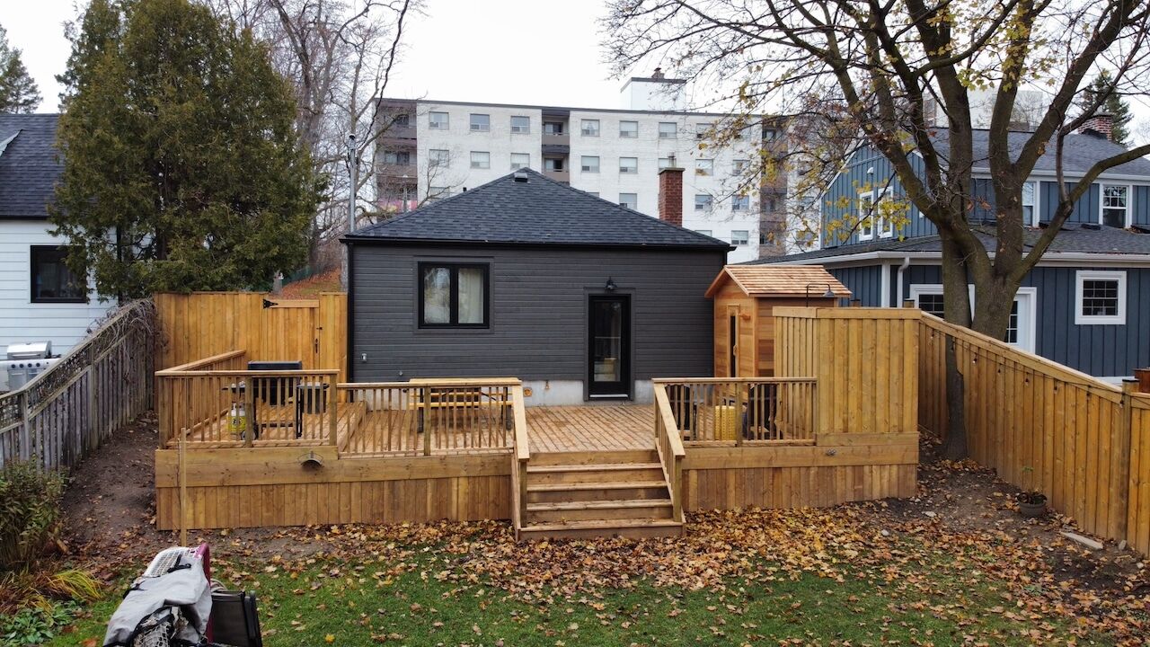 Cedar deck construction in progress in an Orangeville backyard